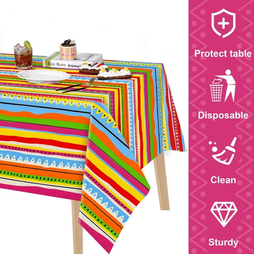 Vista 4 de Kochorie Mantel de plástico para fiesta mexicana, 2 piezas, mantel rectangular desechable para fiesta de cumpleaños temática mexicana, suministros