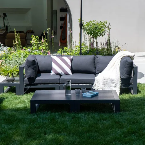 Vista 6 de Moderno sofá modular de 3 plazas para exteriores, juego de sofá de conversación para jardín, patio, cojines gris oscuro