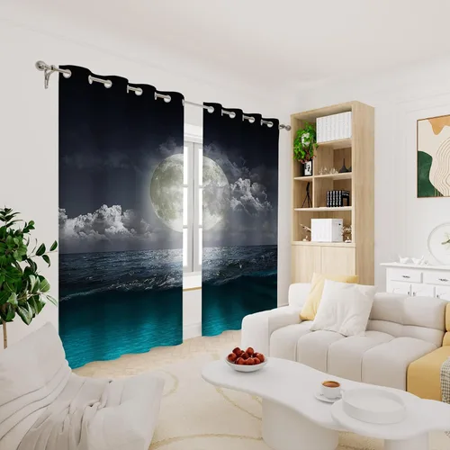 Vista 4 de Renaiss Cortinas opacas con luna llena y océano, cortinas de ventana de paisaje nocturno para dormitorio, nivel del mar, cortinas de ventana