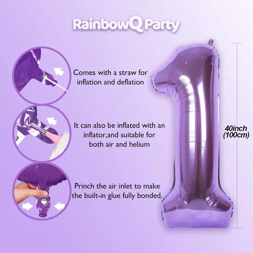 Vista 3 de Globo de número 0 de 40 pulgadas de RainbowQ Party, grande, color púrpura, para niños o niñas, números del 0 al 9, de papel de aluminio y Mylar