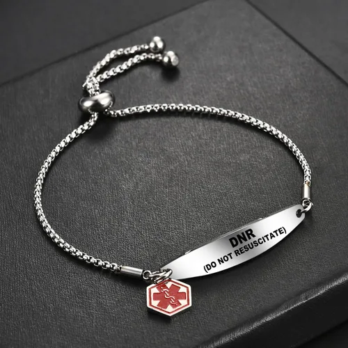 Vista 7 de Pulseras de alerta médica para mujer, pulseras de identificación médica con grabado láser gratis, pulseras ajustables de acero inoxidable grabado