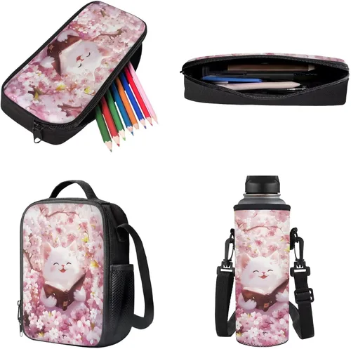 Vista 3 de Cat Book Cherry Blossom Print 4 Piece Backpack Set for Child, Multifunctional Laptop Backpack Lightweight School Supplies Rucksack Outdoor Daypack