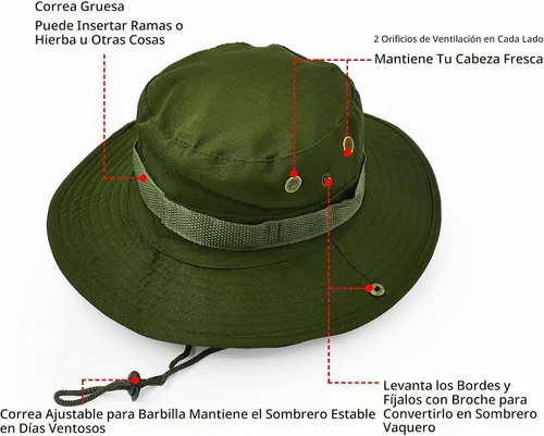 Vista 3 de Sombrero de ala ancha para exteriores, sombrero de protección solar, estilo clásico del ejército de combate de los Estados Unidos, gorra de sol