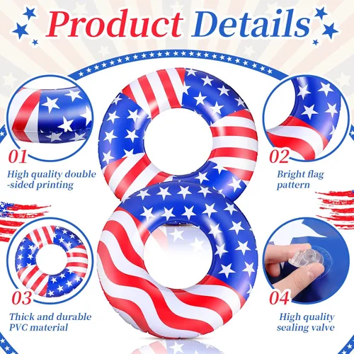 Vista 3 de Flotador de piscina con bandera de Estados Unidos de 36 pulgadas, anillo inflable para piscina, flotador patriótico redondo para playa, lago