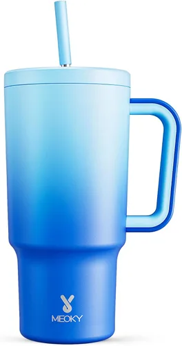 Vista 24 de Meoky - Vaso de 30 oz con asa, tapa y pajilla, taza de viaje térmica de acero inoxidable 100% a prueba de fugas, para portavasos, mantiene el frío