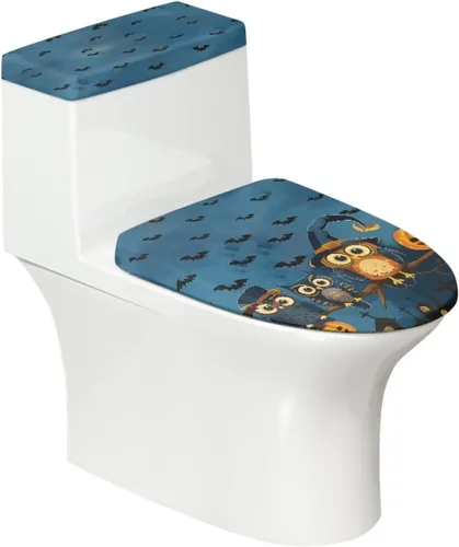 Vista 2 de Flashideas Juego de fundas de tapa de inodoro y cubierta de tanque de búho de Halloween, fundas de asiento de felpa suave, fundas de borde de tanque
