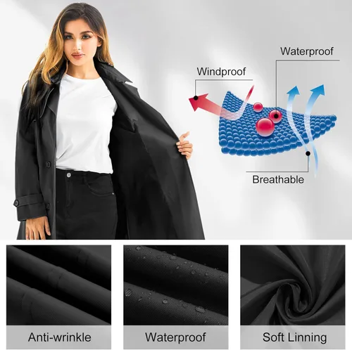 Vista 5 de FARVALUE Gabardina impermeable para mujer, rompevientos de doble botonadura, clásico con solapa con cinturón y capucha extraíble