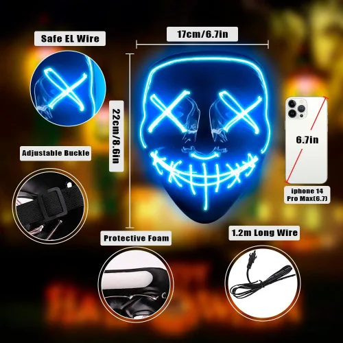 Vista 3 de Máscara de purga de Halloween máscara con luz LED máscara de miedo para cosplay máscara de disfraz LED para niños niñas adultos con alambre EL