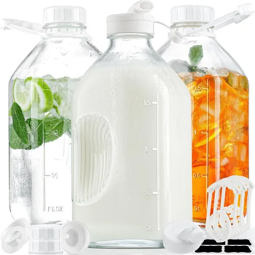 Vista 10 de Syntic Botella de leche de vidrio de 2 cuartos con tapa de rosca hermética reutilizable y resistente, botellas de vidrio de 64 oz para leche