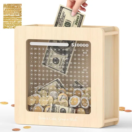 Vista 21 de Summidate Caja de ahorro de dinero de madera, caja de ahorro de ventana transparente con calcomanías de bricolaje, alcancía de oso personalizada