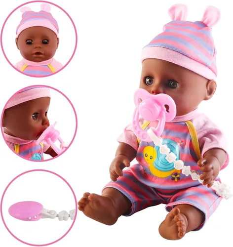 Vista 7 de deAO Conjunto de Muñeca Bebé Negra - Móvil, Silla Alta, Cochecito y Accesorios de Alimentación - Juego de 21 Piezas (Muñeca Incluida) 21 PCS Baby