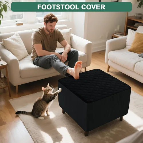 Vista 2 de Funda de otomano acolchada impermeable con protector de reposapiés para sofá, cubierta para taburete, protector para taburete con lazada Negro