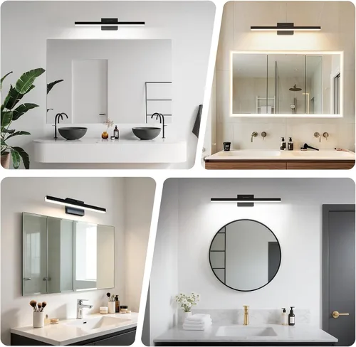 Vista 8 de IZORRO Moderna lámpara de tocador de baño de 16 pulgadas, giratoria, 12 W, regulable, lámpara LED sobre el espejo, barra de luz negra para tocador
