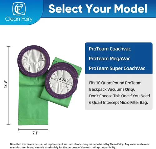 Vista 2 de Paquete de 10 bolsas de vacío compatibles con modelos ProTeam Coachvac MegaVac y Super CoachVac, repuesto para pieza #100331 10Qt Intercept Micro