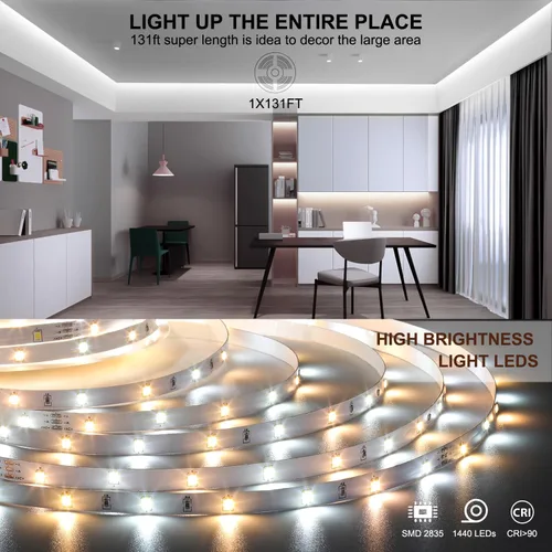 Vista 4 de Wefomey Tira de luces LED blancas, luz de cinta flexible regulable brillante de 24 V con control remoto y aplicación, fuente de alimentación