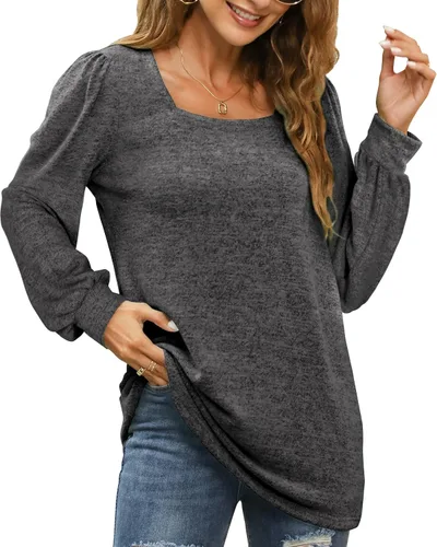 Vista 2 de WIHOLL Camisetas tipo túnica para mujer, ajuste holgado, manga larga, cuello cuadrado