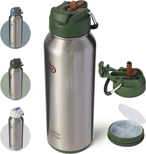 Vista 11 de Botella Botella Botella de agua deportiva de 40 oz de acero inoxidable, botella de agua aislada con popote y porta pastillas Dual-use