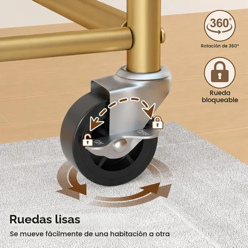 Vista 5 de MISSLO Perchero resistente para ropa con ruedas, para colgar ropa, para abrigo, vestuario, dorado (doble barra)