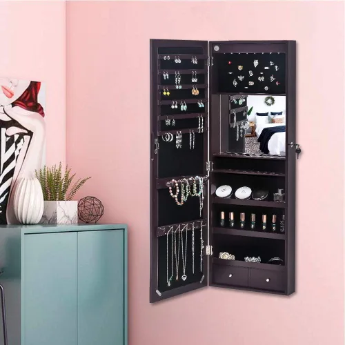 Vista 7 de Karl home Gabinete de joyería con 8 luces LED, organizador de almacenamiento de pared y puerta con cerradura de 42.5 pulgadas de alto con espejo