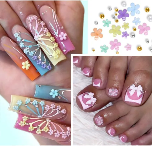 Vista 4 de Abalorios de uñas de flores 3D, 2 cajas de acrílico 3D de flores de arte de uñas y gemas blancas y rosas mezcladas con diamantes de imitación