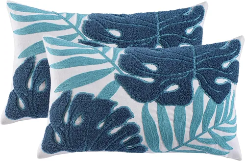 Vista 14 de Fundas de almohada bordadas de 18 x 18 pulgadas, paquete de 2 hojas Hoja tropical azul