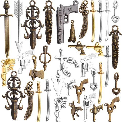 Vista 2 de Dijes de armas a granel, 3.53 oz (alrededor de 20-40 piezas) surtido de armas, armas, flecha, espada, hacha, brazos, colección de colgantes
