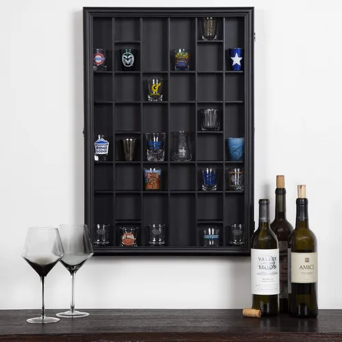 Vista 6 de Gallery Solutions - Negro montado en pared - Vitrina para vasos de chupito y curiosidades - Puerta de cristal de 17"x26" - Accesorios de bar