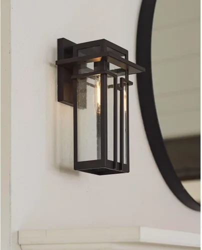 Vista 4 de Progress Lighting Boxwood Collection - Farol de pared pequeña de cristal transparente con semillas Craftsman, para exteriores, bronce antiguo, 11.75