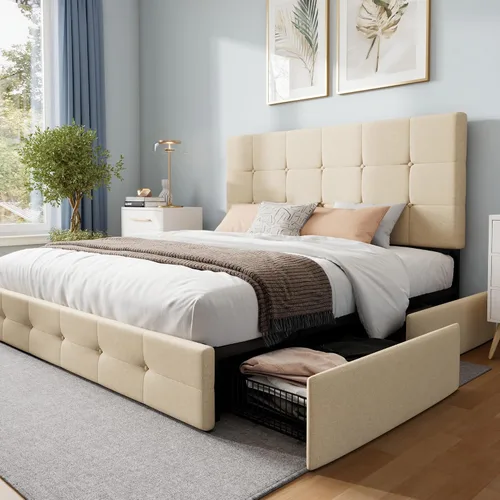 Vista 23 de WEEWAY Base de cama de plataforma de tamaño matrimonial con 4 cajones de almacenamiento, cabecera capitonada con botones de costura de diamante