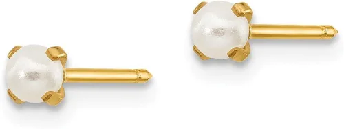 Vista 2 de Pendientes de tuerca de oro amarillo sólido de 14 quilates, 0.118 in, perlas de imitación, 0.118 in