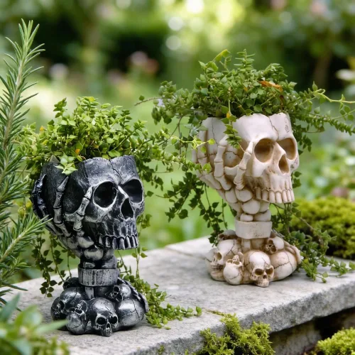Vista 9 de Maceta LovTocTic de Cráneo, Macetas Góticas para Decoraciones de Halloween Plantas de Interior/Exterior, Macetas de Flores Góticas, Macetas