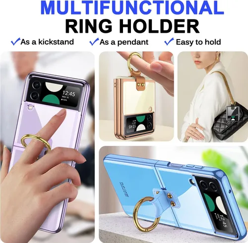 Vista 4 de Miimall Funda para Samsung Galaxy Z Flip 4 con soporte de anillo, Z Flip 4 con protector de pantalla de cámara de vidrio templado, funda
