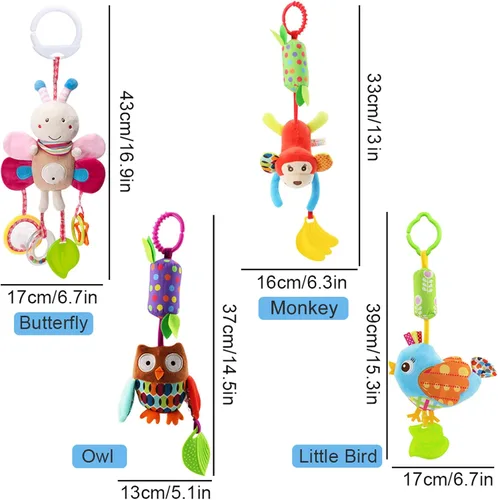 Vista 6 de Sealive Juguetes Musicales Sensoriales para Cochecito de Bebé de 4 Piezas, Sonajeros Suaves Colgantes de Felpa para Actividades, Juguetes para Cuna