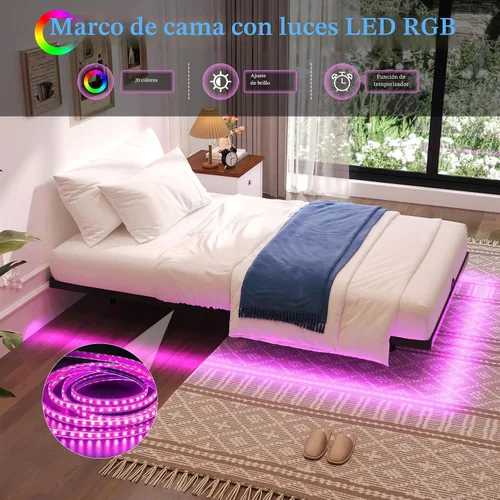Vista 3 de Awesofurni Base de Cama Flotante de Tamaño Individual, Base de Cama Individual con Luces LED Inteligentes, Base de Cama Moderna de Metal Resistente