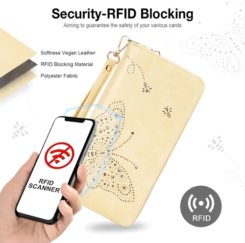 Vista 6 de Cartera RFID para mujer, cartera de gran capacidad con mariposa, cartera de teléfono celular, carteras de mano para mujer, carteras de pulsera