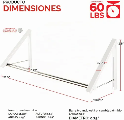 Vista 2 de Estante Doblado Plegable para Ropa con Barra Extensible, Perchero Retráctil de Pared para Secador de Ropa, Barra de Secado Colgante, Pequeños Blanco