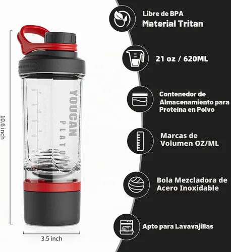 Vista 3 de Botella agitadora de proteínas de 21 oz con contenedor de almacenamiento de polvo - Tazas agitadoras para batidos de proteínas - Botella de Rojo