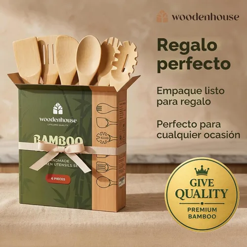 Vista 8 de Juego de utensilios de madera de bambú, 6 piezas, antiadherentes, seguros y resistentes al calor, utensilios de bambú para cocinar, fáciles