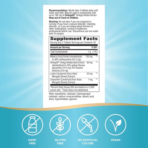 Vista 5 de Nature's Way Ginkgold Eyes, Gingko Biloba Suplemento para adultos, fórmula de salud visual*, sin gluten, 60 mg de extracto de ginkgo biloba por