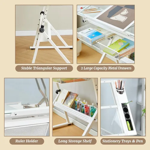 Vista 5 de Escritorio de mesa de dibujo ajustable en altura con taburete, parte superior de vidrio templado Blanco