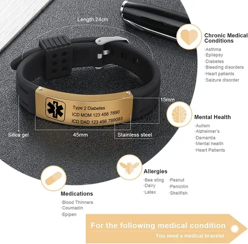 Vista 9 de OPALSTOCK Pulseras médicas personalizadas de silicona ajustable para identificación de emergencias, grabado gratuito, 9 pulgadas, resistente al