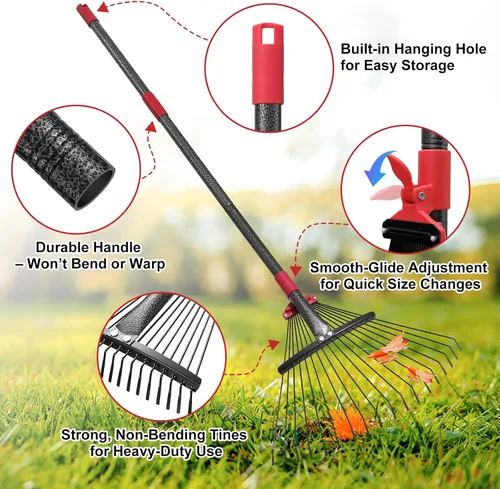 Vista 6 de Rastrillo ajustable para hojas de jardín, rastrillo de hojas de metal resistente de 58 pulgadas con cabeza expandible (8 a 17 pulgadas), rastrillos