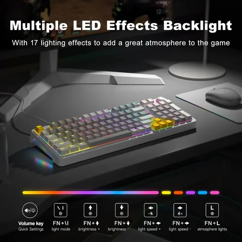 Vista 2 de MOFII AK96 - Teclado mecánico para juegos, teclas completas con retroiluminación LED programable, Plug and Play USB AC Teclado personalizado
