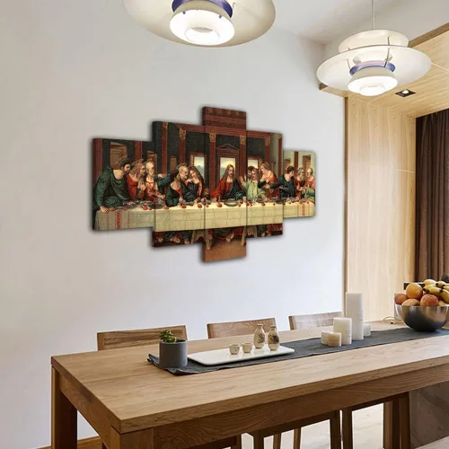 Vista 4 de Da Vinci - Póster clásico de pintura al óleo, 5 piezas, pintura de pared de la última cena, lienzo con impresión renacentista, decoración moderna
