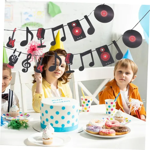 Vista 6 de 2 juegos de guirnaldas retro de rock y pancarta con notas musicales negras y decoraciones colgantes de registros, decoración de fiesta de cartulina