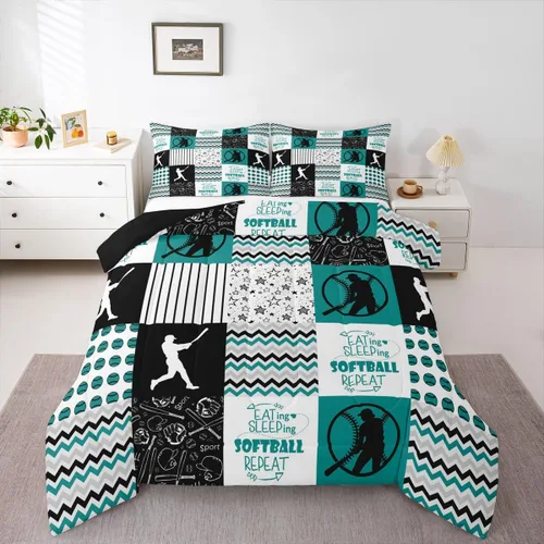 Vista 64 de Erosebridal Softball Comforter Set Patchwork Buffalo Plaid Twin Bedding Sets for Girls Kids Teens Child Galaxy Stars Ball Game Baseball Comforter