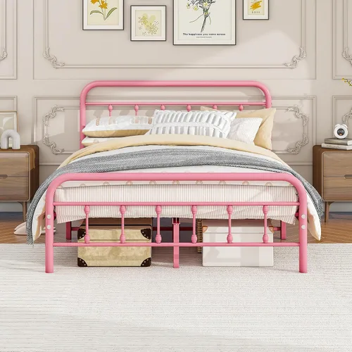 Vista 9 de Base de cama de tamaño individual vintage con cabecera y estribo, plataforma de metal resistente, soporte de listones de acero