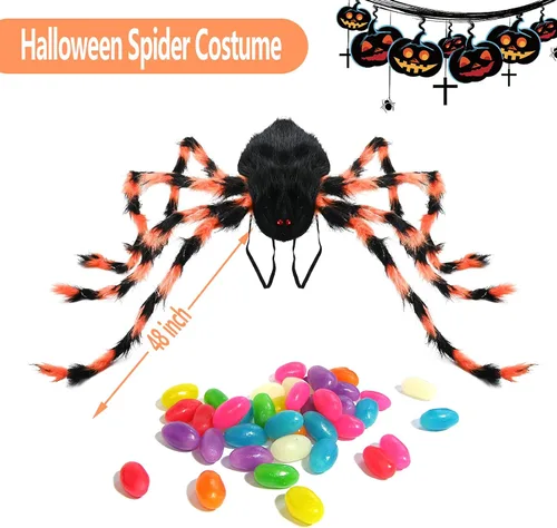 Vista 2 de Disfraz de araña de Halloween para niños y adultos, mochila de caramelo de araña de 64 LED, divertido disfraz de araña de felpa con luces