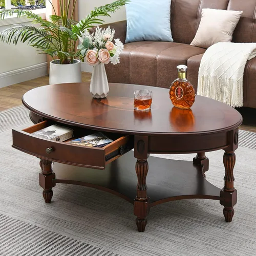 Vista 10 de Mesa de centro con cajón, mesa central ovalada de madera maciza con estante de almacenamiento, mesa de sala de estar tradicional con elegante