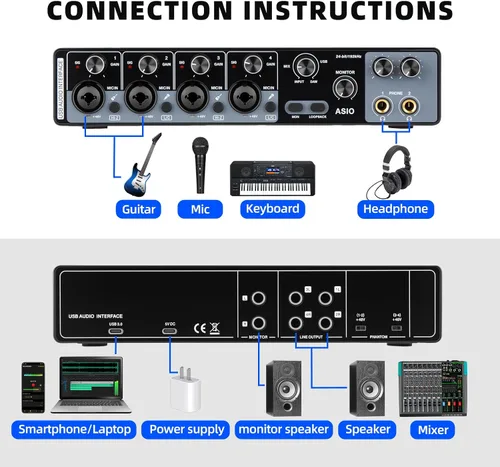 Vista 3 de Depusheng Interfaz de audio USB con controladores ASIO, 24 bits 192 Khz, alimentación fantasma +48 V, baja latencia para grabación de estudio
